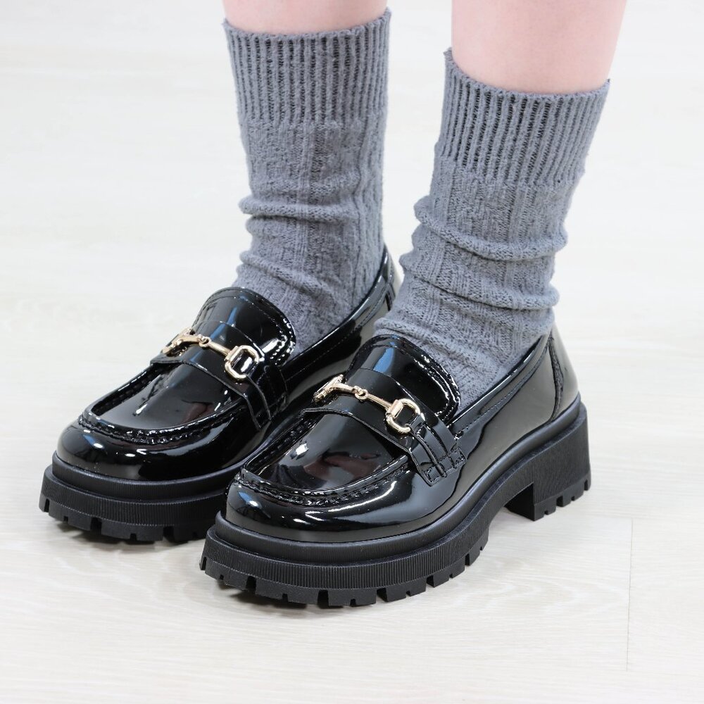 Black Patent Horsebit Loafers Chunky Platform Lug Sole Slip-Ons Modern Academia